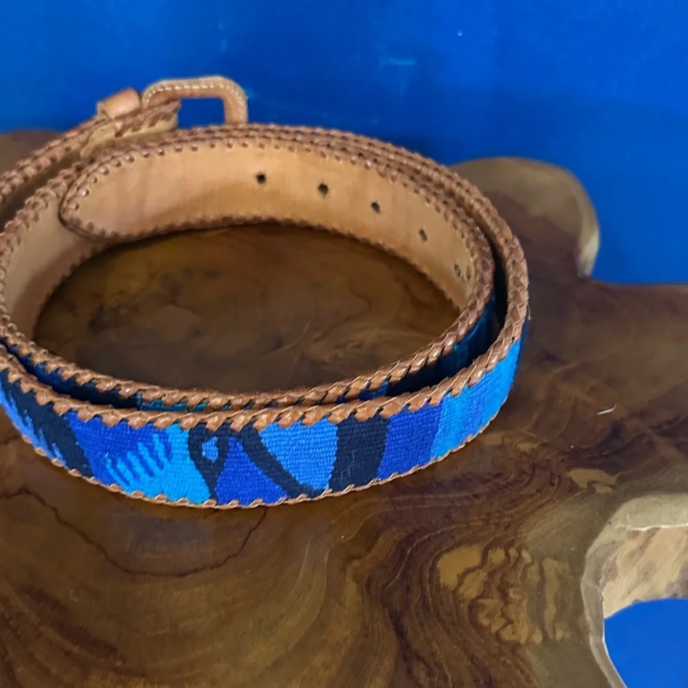 Women’s Handmade Leather Blue & Black Woven Belt Size 36
